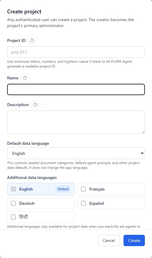 Project creation window
