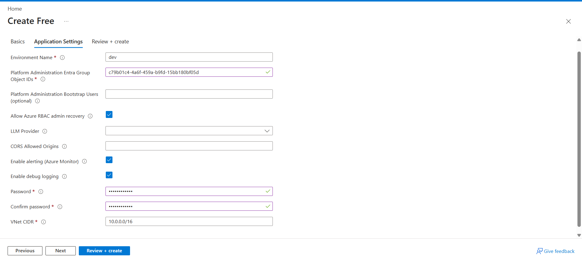 Current application settings of the deployment