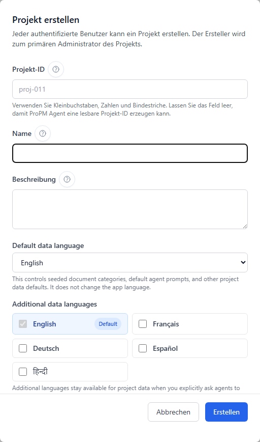 Projekt-Erstellungsfenster