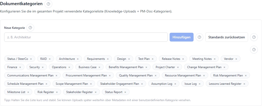 Dokumentenkategorien des Projekts
