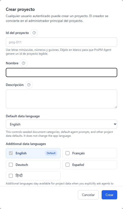 Ventana de creación de proyecto