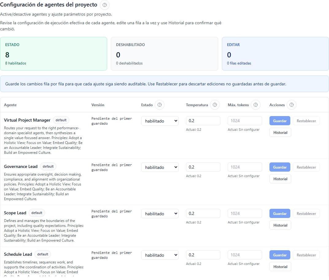 Ajustes de agentes a nivel de proyecto