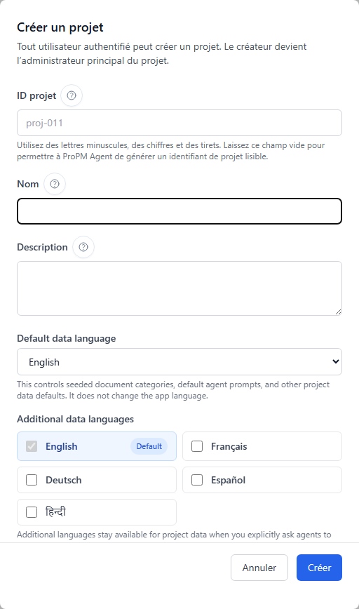 Fenêtre de création de projet