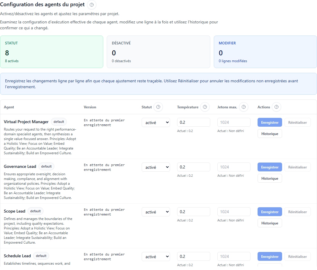 Réglages des agents au niveau projet