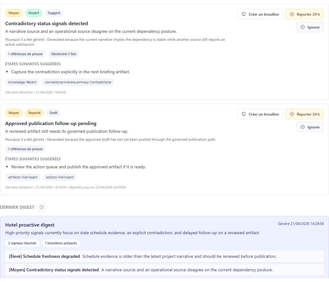 Signaux et brouillons de notification du projet