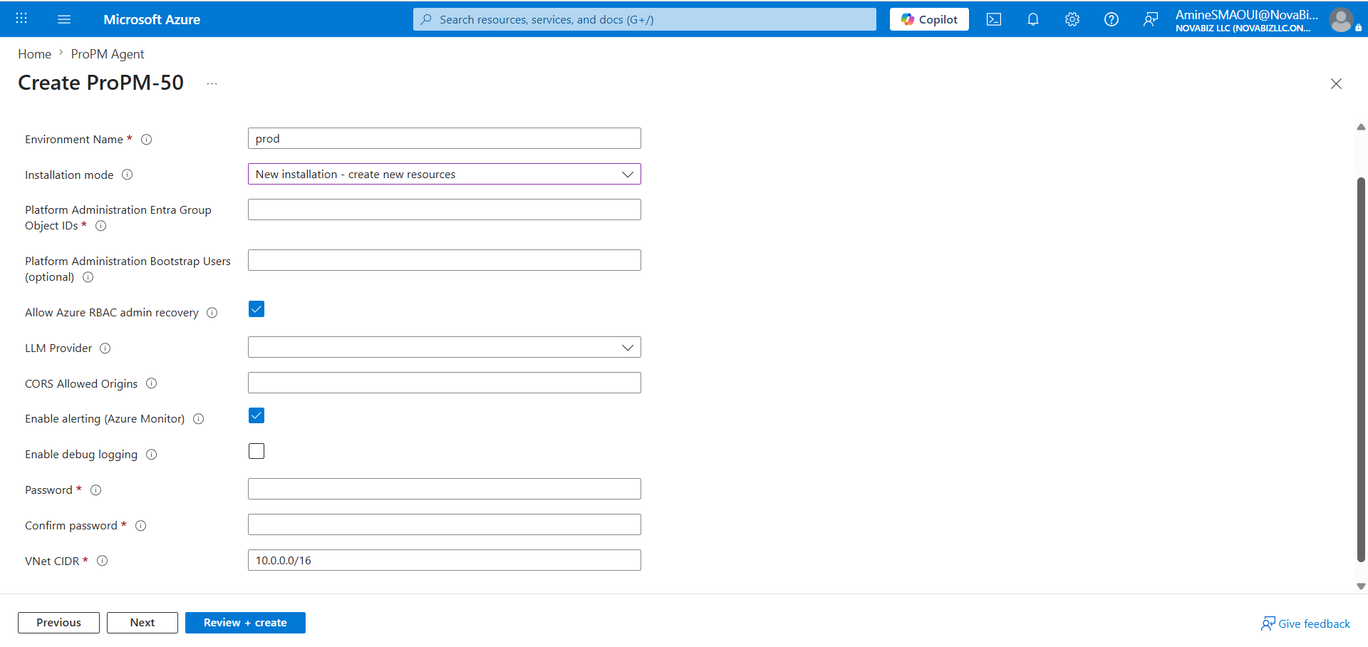 Onglet Application Settings du déploiement ProPM-50 Azure Marketplace