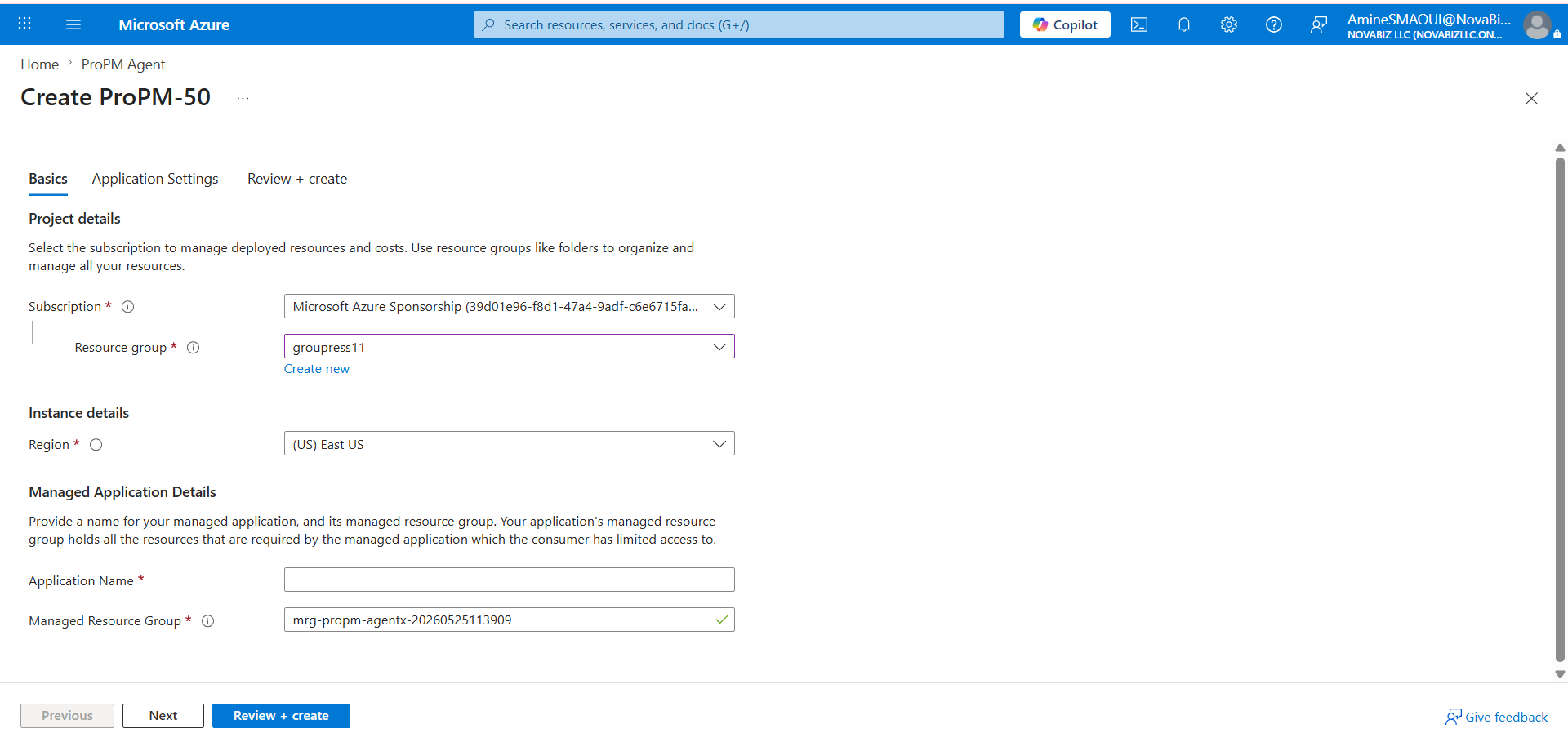 Onglet Basics du déploiement ProPM-50 Azure Marketplace